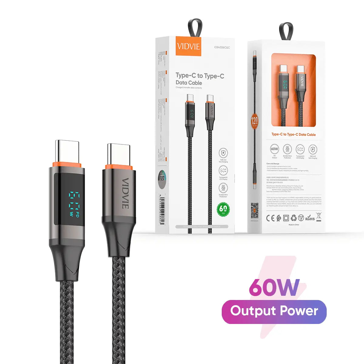 VIDVIE Type-C till Type-C Datakabel 1,2m