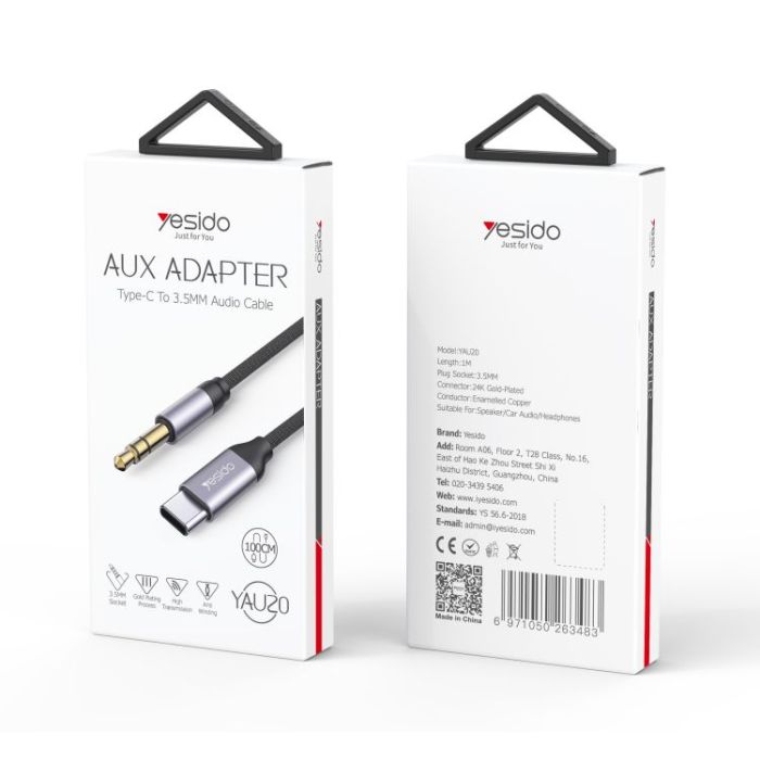 YAU20 Type-C till 3,5 mm AUX Ljudkabel 1 m Aluminium  Brusreducerande