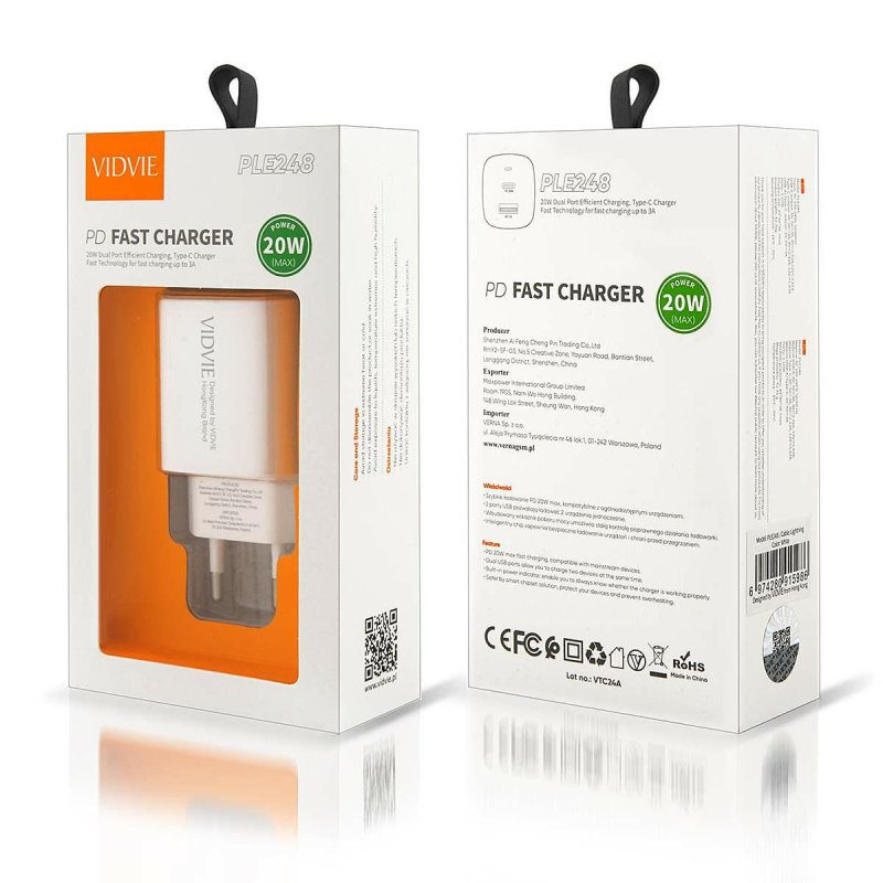 VIDVIE Snabbladdare USB+TYPE-c uttag lightning 1m